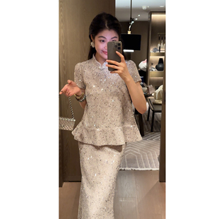 N.COU妮蔻26夏新款新中式设计感精致亮闪闪镂空上衣半裙套装女