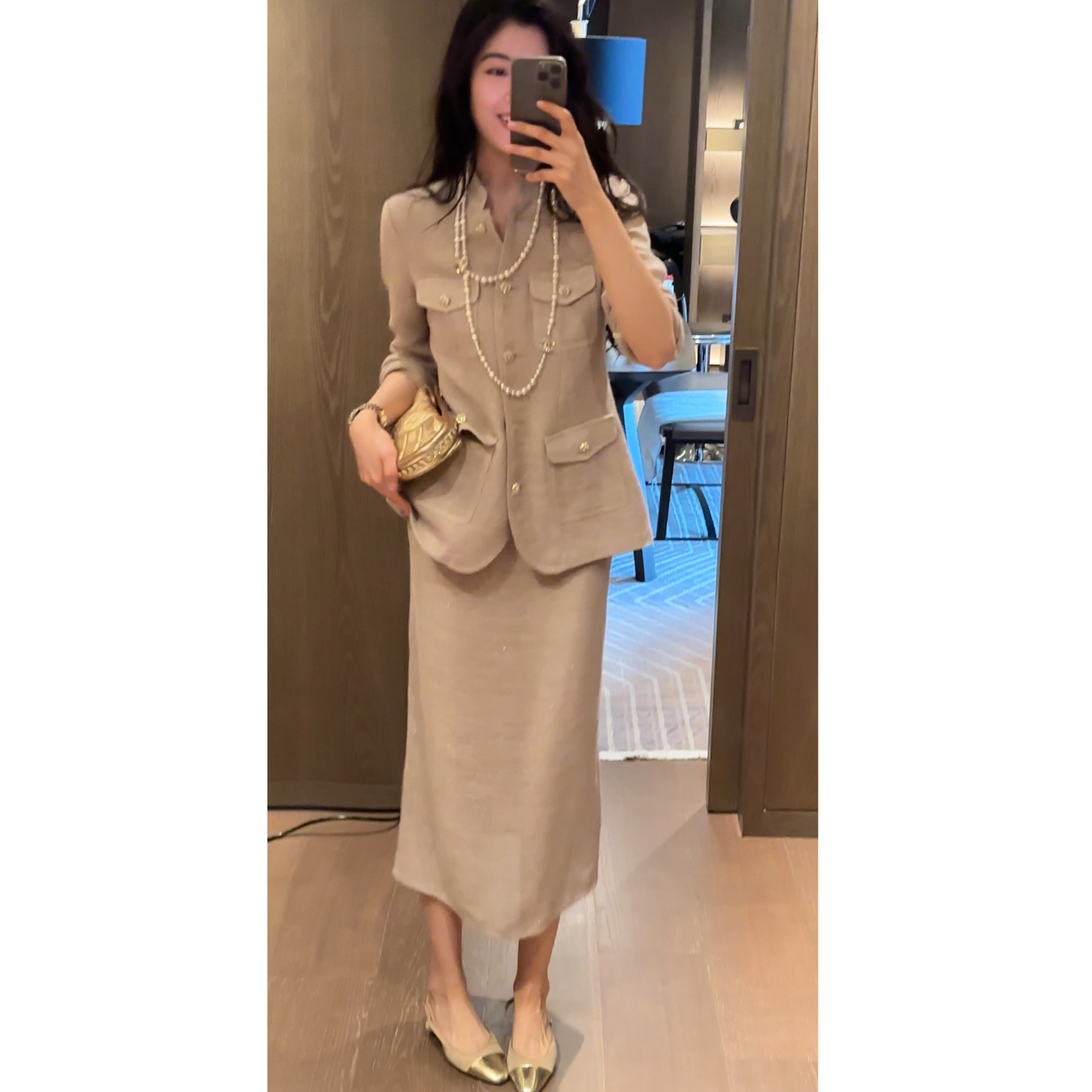 2 N.COU妮蔻26春新款老钱风气质小立领口袋薄款亚麻外套半裙套装