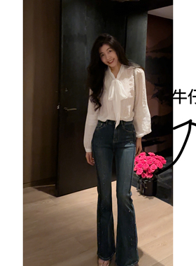 N.COU妮蔻25秋新款时髦百搭设计感烫钻高腰修身显瘦微喇牛仔裤