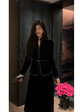 N.COU妮蔻25秋新款时髦复古轻奢洋气大方黑色丝绒织带小香风套装