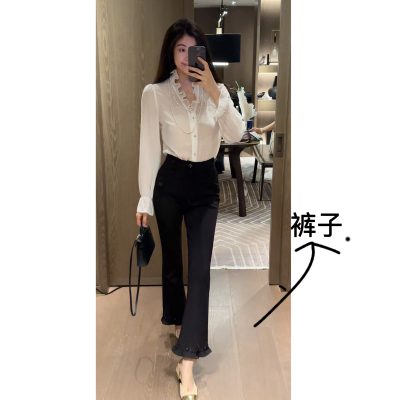 2N.COU妮蔻26夏新款黑色显瘦高腰钉珠脚口休闲裤女修身微喇九分裤