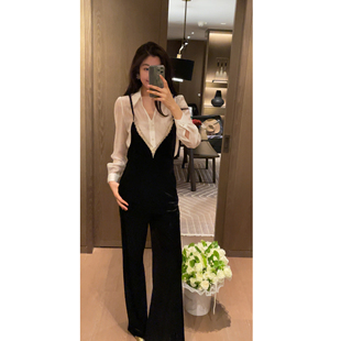 N.COU妮蔻26春新款 女黑色百搭设计感显瘦 V领钉钻桑蚕丝吊带背带裤