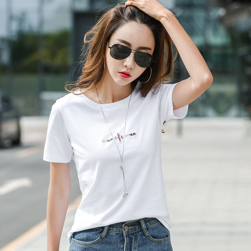 宽松字母刺绣短袖t恤女白色夏季新款圆领上衣时尚半袖汗衫百搭t恤