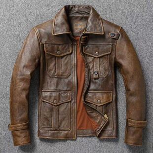 Motorcycle Coffe Jacket Genuine Leather Retro Lapel American