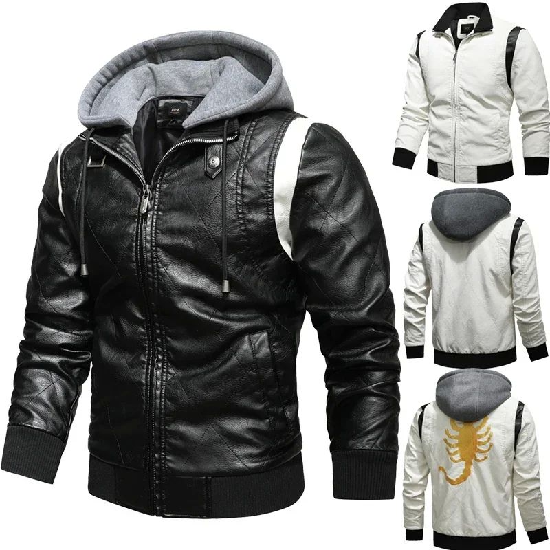 Autumn Winter Bomber Leather Jacket Men Scorpion Embroidery-封面