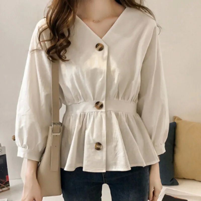 Women's Casual V e utton p Slim uffles Waist Long Sleee Soli-封面