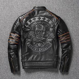 Cowhide Embroidery New Layer Skull First 2023 Leather Men