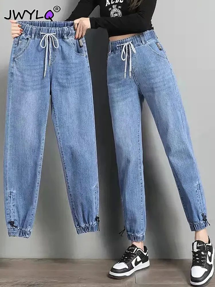 igh Waist Drawstring arem aggy Jeans Women ing Autumn All- S