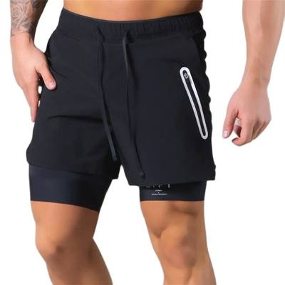 Black 2 in 1 Shorts Men Gym Fitness Bodybuilding Quick-dry P