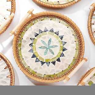 日式藤编贝壳家用托盘圆形茶盘带把手客厅桌面水果盘干果盘零食盘