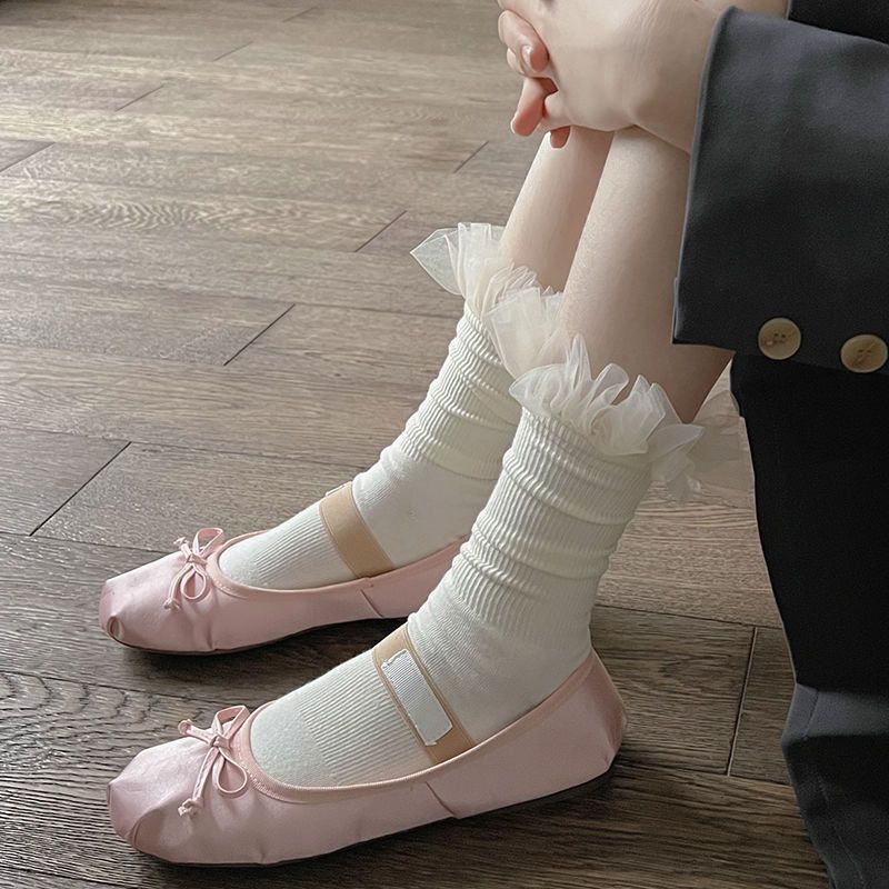 甜美网纱花边袜子女中筒袜纯色芭蕾风堆堆袜日系学院风jk百搭棉袜