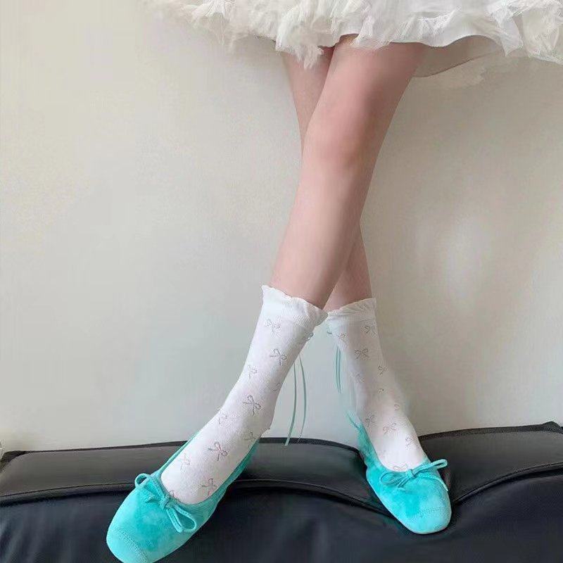 仙仙蝴蝶中筒袜夏季薄款网眼镂空后跟飘带设计泡泡花边中筒袜少女