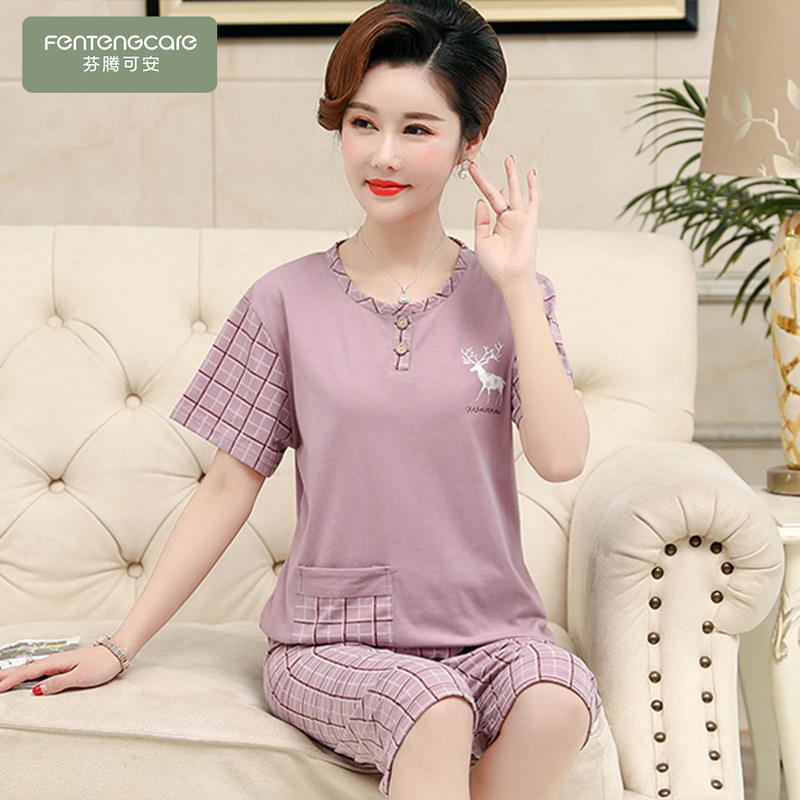 中年妈妈睡衣夏季纯棉短袖