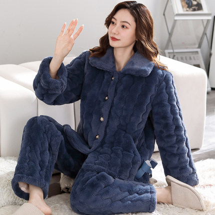 睡衣女冬季三层加厚加绒珊瑚绒夹棉大码中老年妈妈柔美家居服套装