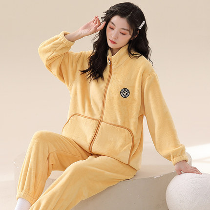 睡衣女款秋冬季珊瑚绒加绒加厚法兰绒女士套装冬款文雅家居服冬天