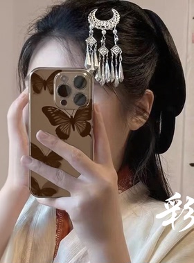 古装头饰发钗边夹苗银发夹子影楼汉服发簪步摇女流苏对夹古风发饰