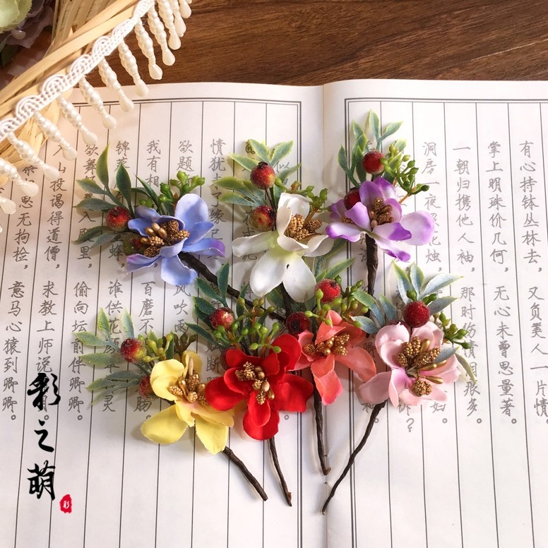 唐明风汉服头饰 绢花仿烫花发梳花朵超仙发钗 森系古典发饰