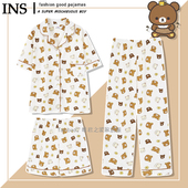 可爱小熊家居服 纯棉纱布三件套棉纱夏季 轻松熊睡衣女春秋短袖 长裤