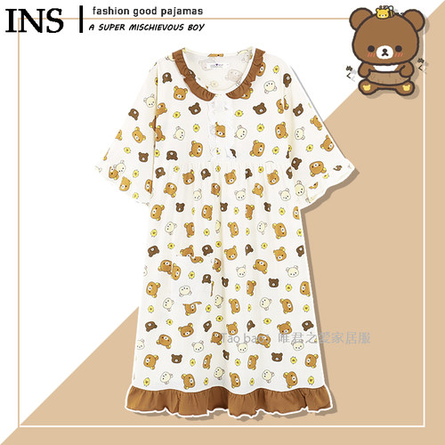 轻松熊睡裙女夏短袖纯棉纱布