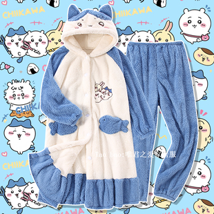 冬季chiikawa小八睡袍吉伊卡哇睡衣女珊瑚绒加厚加绒连帽日系可爱