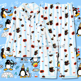 法兰绒秋冬款企鹅pingu睡衣女冬季珊瑚绒加厚加绒家居服萌趣印花