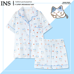 韩国钟辰乐同款睡衣女款夏季短袖冰丝小猫蓝色条纹NCTDREAM家居服