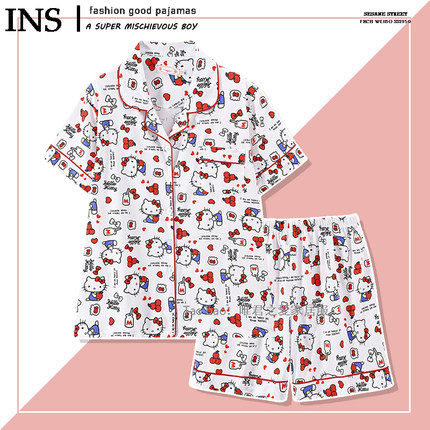 纯棉hellokitty凯蒂猫睡衣女款夏天短袖可爱卡通开衫网红风家居服