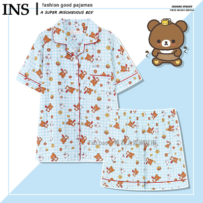 日系格子轻松熊睡衣女夏季短袖