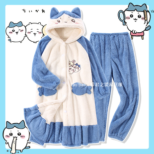 冬季小八睡衣女加厚加绒珊瑚绒chiikawa吉伊卡哇睡袍萌系可爱卡通