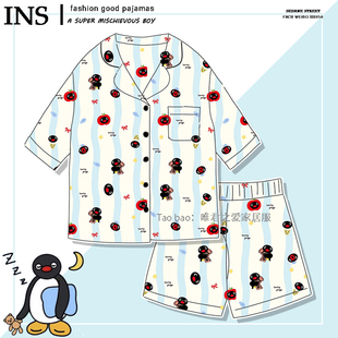 pingu企鹅睡衣女款夏短袖短裤纯棉可爱蓝色条纹网红风夏天家居服