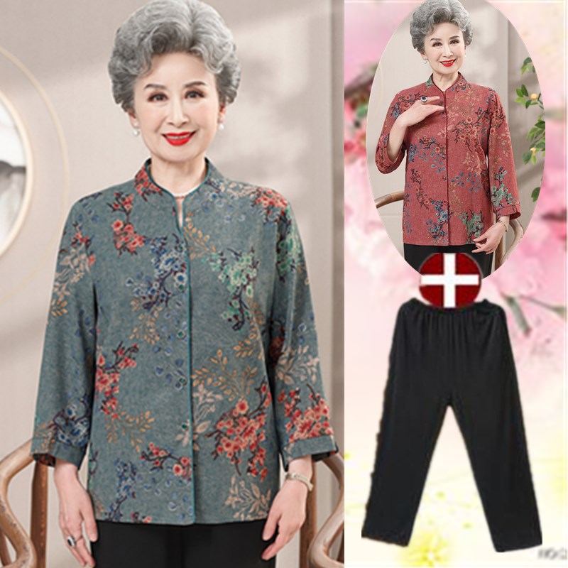 奶奶春装衬衫女中老年唐装上衣服妈妈春秋款七分袖老太太休闲夏装