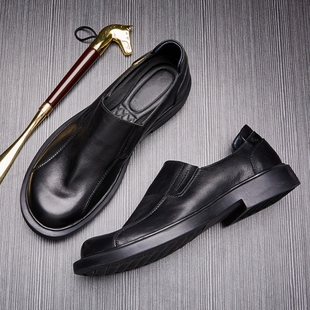 男新款 子一脚蹬圆头透气皮鞋 男士 软皮套脚休闲鞋 真皮大头皮鞋 皮鞋