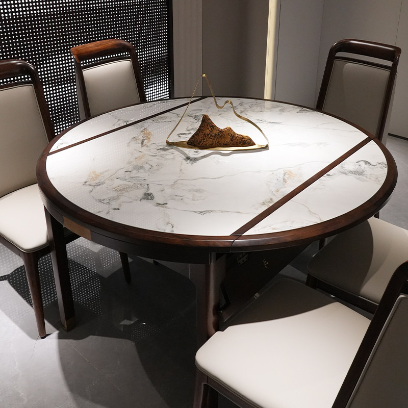 盛世联合新中式实木岩板餐桌椅组合可伸缩方桌变圆桌轻奢餐厅饭桌