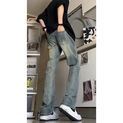 美式复古蓝色高腰微喇牛仔裤男窄版直筒显瘦弯刀修身显腿长裤子春