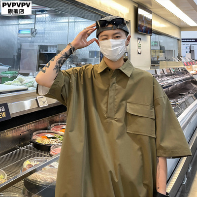咖啡色工装polo衫男短袖夏季宽松