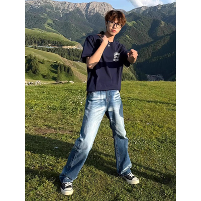 蓝色水洗猫须弯刀牛仔裤男款夏季