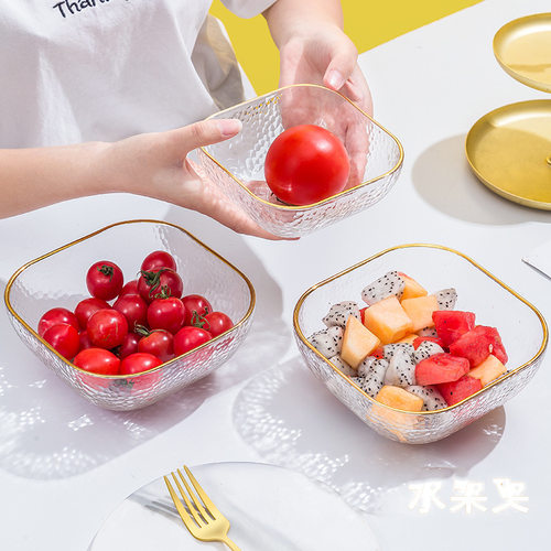 日式锤纹沙拉碗餐厅家用锤纹金边玻璃盛水果蔬菜沙拉方形碗北欧风