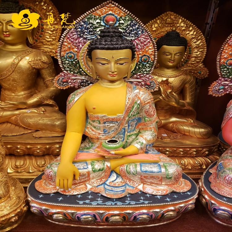尼泊尔精品彩绘三宝佛释迦牟尼佛阿弥陀佛药师佛释迦西藏古代铜雕