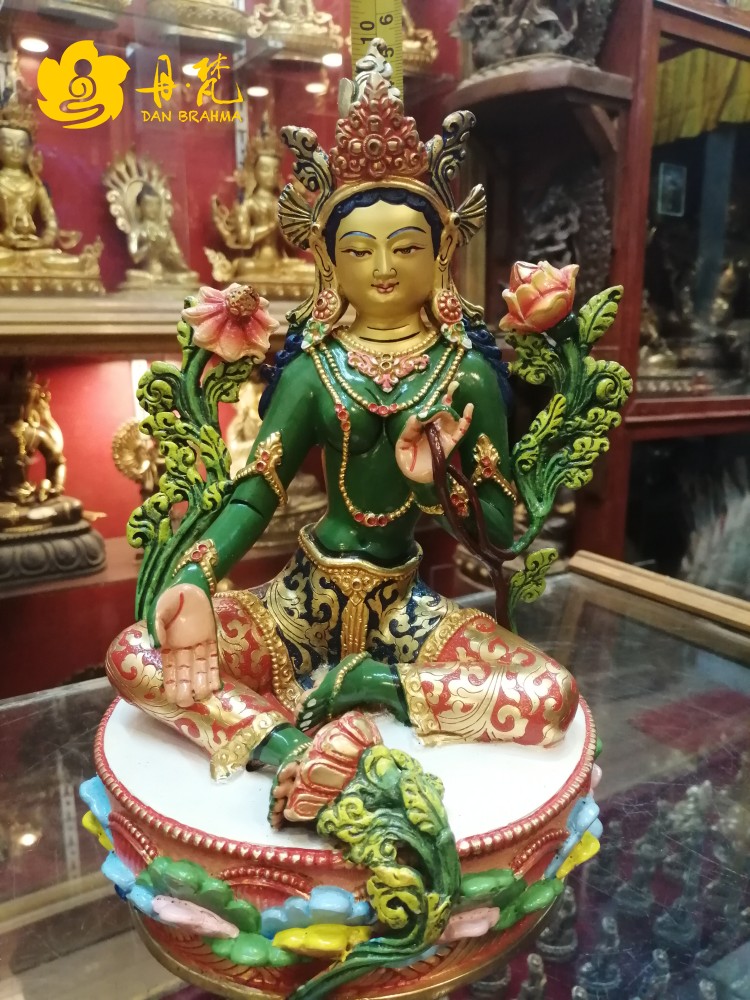 尼泊尔精品鎏金彩绘绿度母雕像雕像纯手工铜雕像高西藏古代铜雕