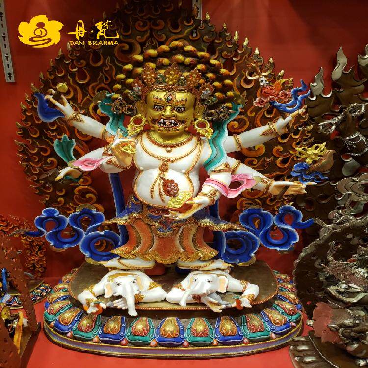 尼泊尔手工精品雕像彩绘白玛哈嘎拉雕像 六臂玛哈嘎啦雕像45cm