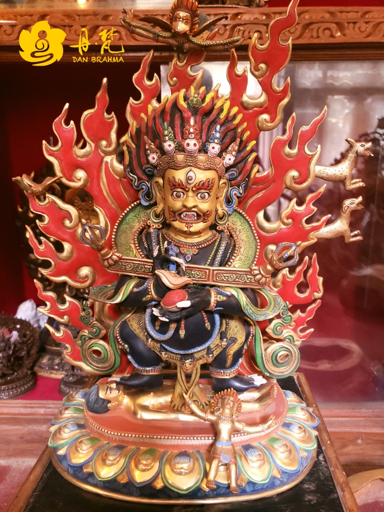 尼泊尔精品二臂玛哈嘎拉雕像纯铜彩绘手工大黑天45cm西藏古代铜雕
