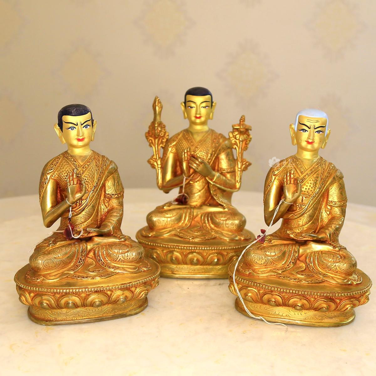 尼泊尔7寸宗喀巴3尊师徒三尊铜雕塑纯手工鎏金精品雕像21&19cm