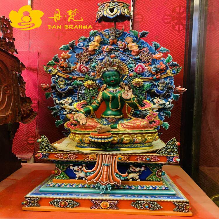 绿度母雕像尼泊尔精品带背光金刚座彩绘铜雕像崭带佛西藏古代铜雕