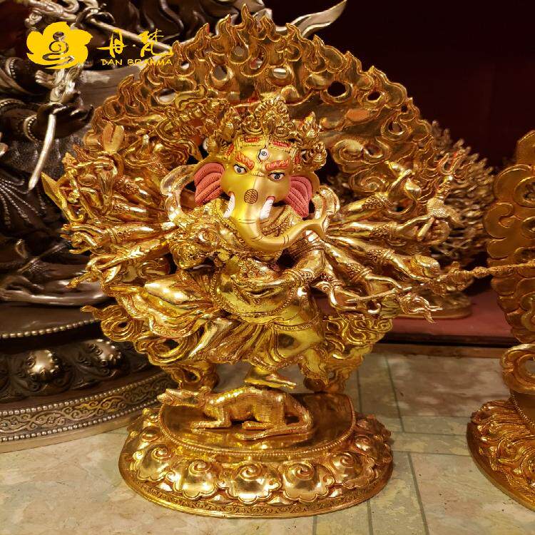 尼泊尔全鎏金象鼻财神雕像象头鼻红王高35.5cm西藏古代铜雕