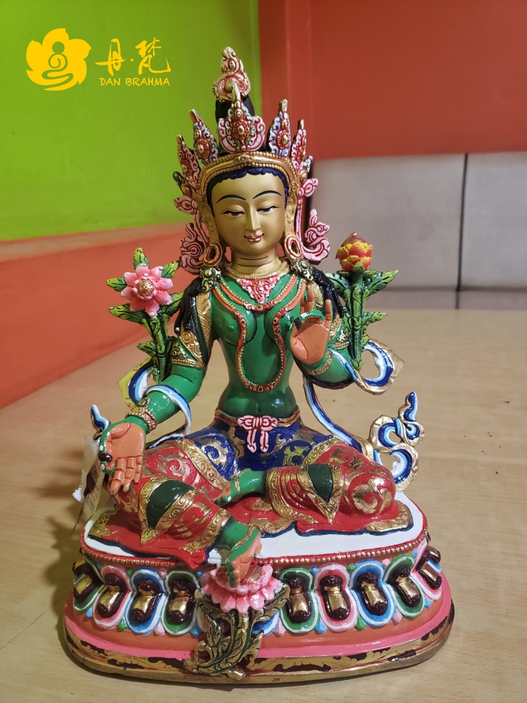 尼泊尔绿度母雕像纯铜彩绘一尺卓玛雕像精品手工33cm西藏古代铜雕