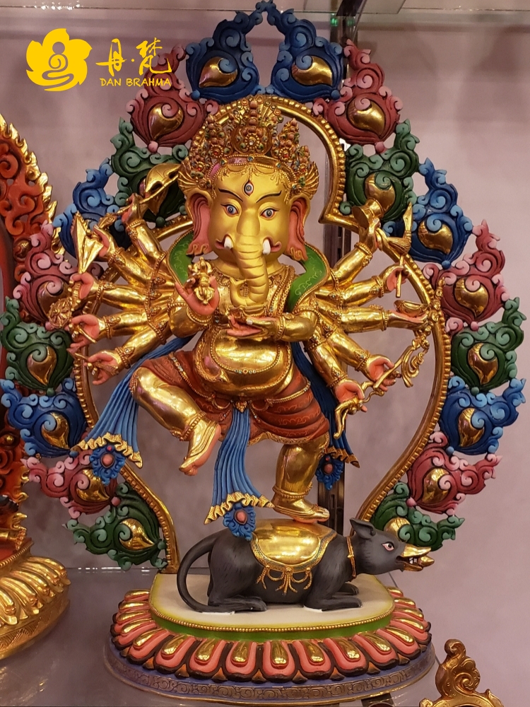 尼泊尔释迦族全鎏金彩绘象鼻财神护法雕像象头神鼻高西藏古代铜雕