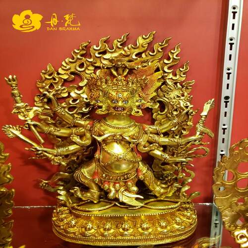 尼泊尔全鎏金马头金刚雕像一尺纯铜马明冥王高度33cm西藏古代铜雕