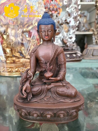 丹梵尼泊尔药师佛雕像纯紫铜泥金雕像如来铜雕制作西藏古代铜雕
