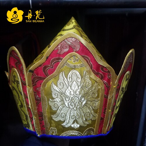 佛事用品五佛冠毗卢帽织锦缎僧帽 手工铜鎏金莲师帽法冠工艺品
