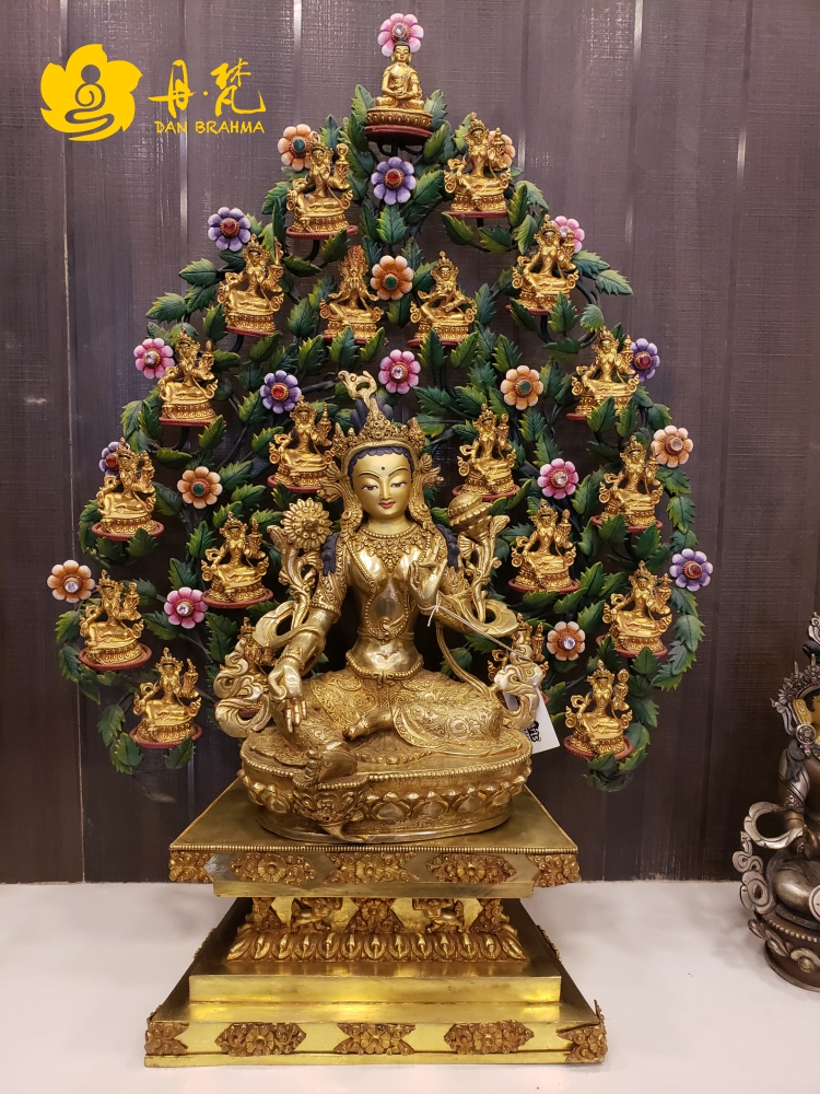 尼泊尔全鎏金21度母雕像卓玛带带背光高70cm西藏古代铜雕